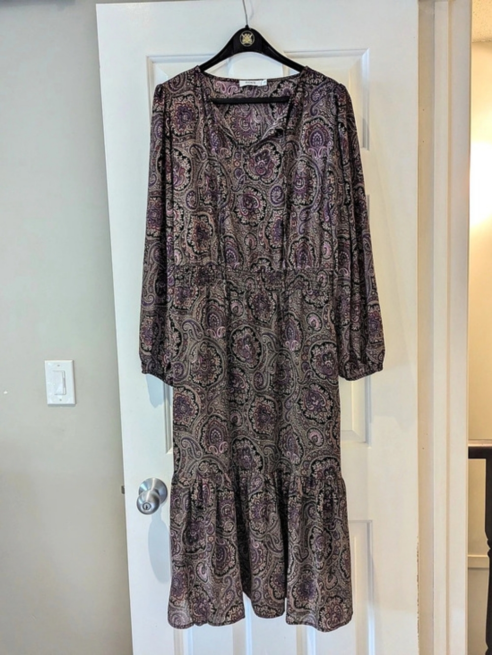 Whimsigoth Boho Paisley Maxi Dress Purple Witchy Smocked Waist L Dark Romance